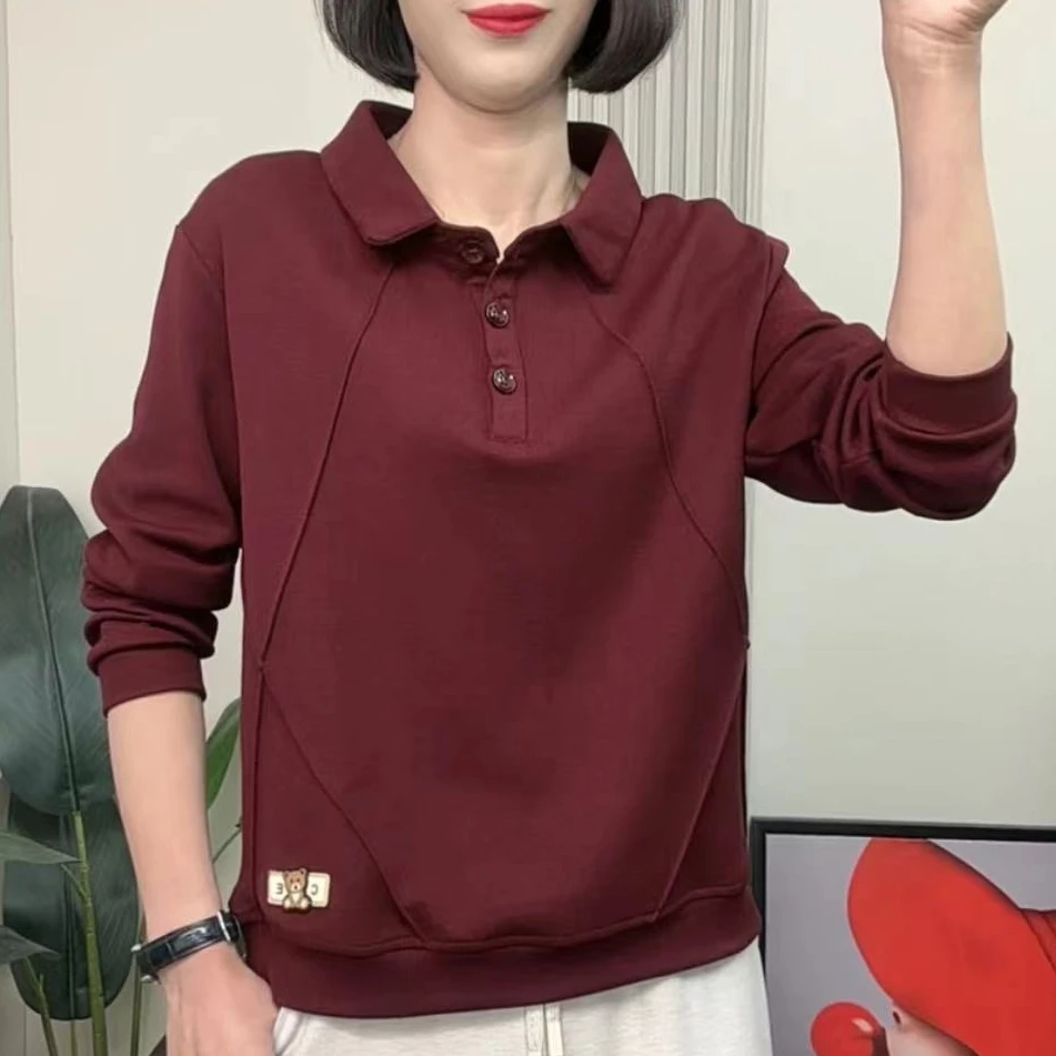 2025秋季新款时尚POLO领纯色洋气百搭宽松遮肉显瘦女士长袖 卫衣