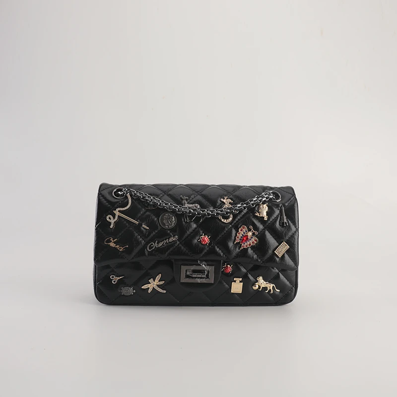 2023小香风菱格链条包印章宽款手工女包菱格链条斜挎包黑色时尚包