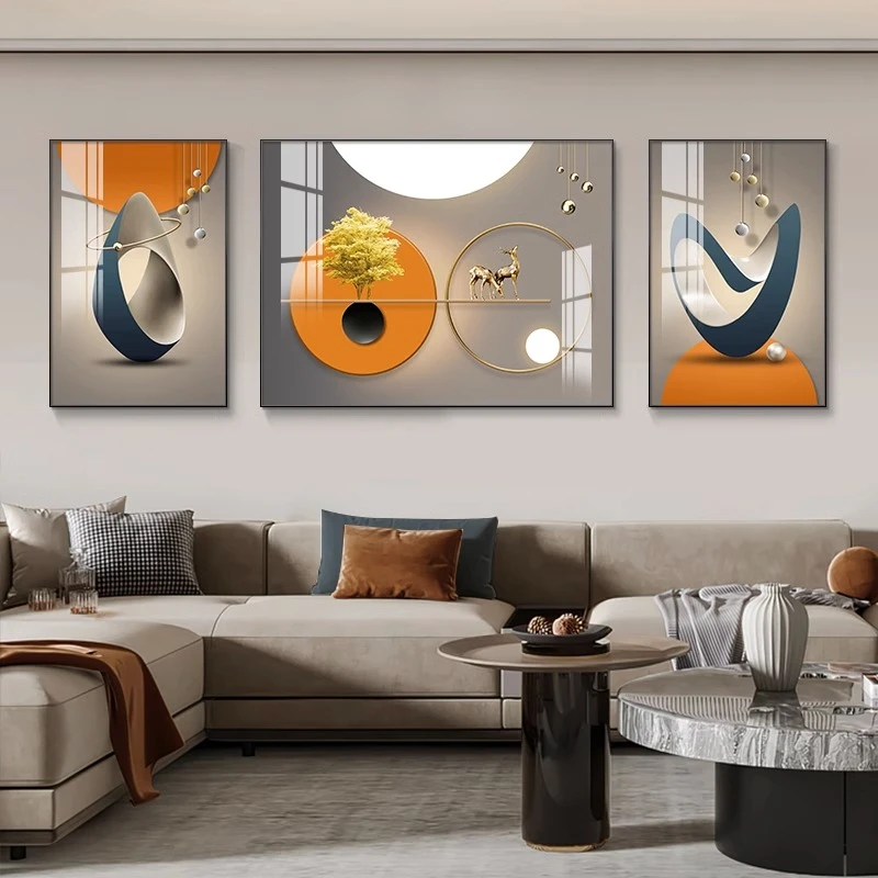 福禄几何客厅装饰画轻奢现代抽象三联画墙画沙发背景墙上壁画