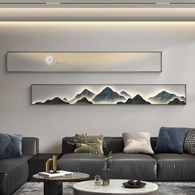 背有靠山客厅装饰画现代轻奢窄长条沙发背景墙挂画大气山水画