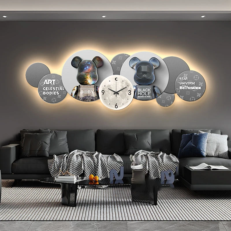 轻奢暴力熊挂钟沙发背景墙装饰画带钟表客厅挂画卧室壁画