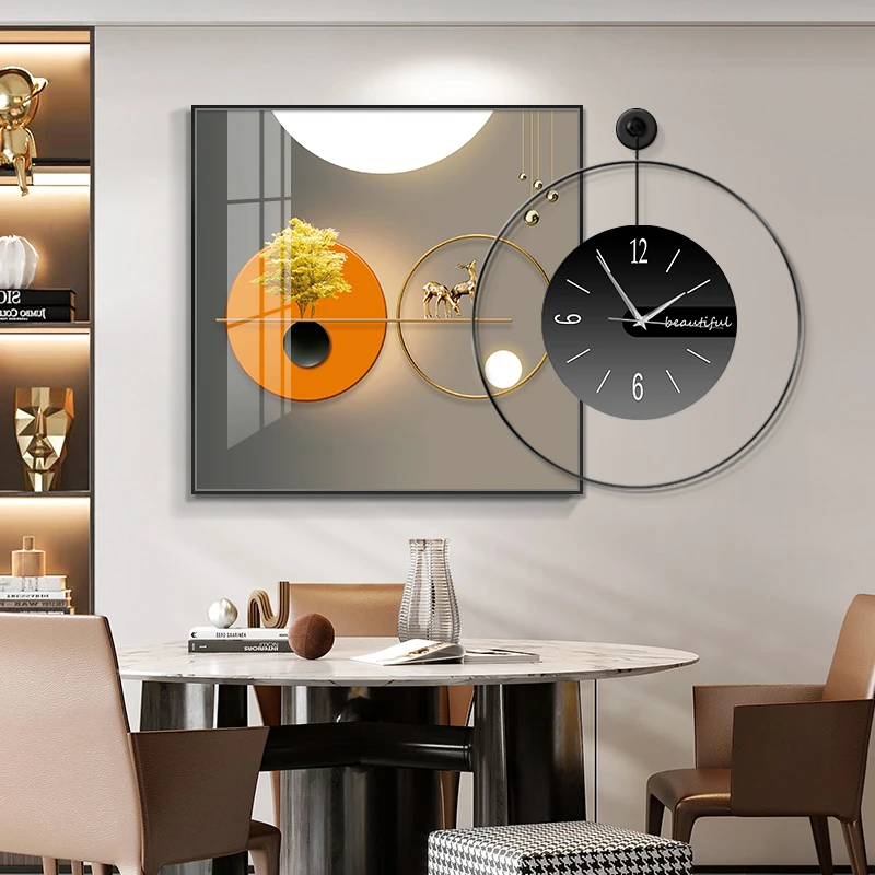 新款餐厅装饰画现代轻奢钟表挂画吃饭厅餐桌背景墙画时尚客厅壁画