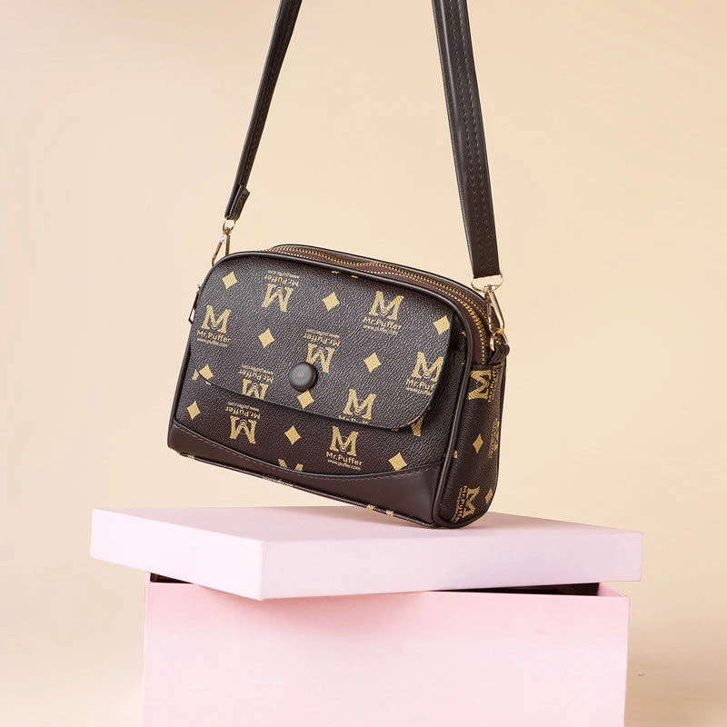 斜挎包女2025新款百搭中老年妈妈单肩包手机零钱包多层印花小方包