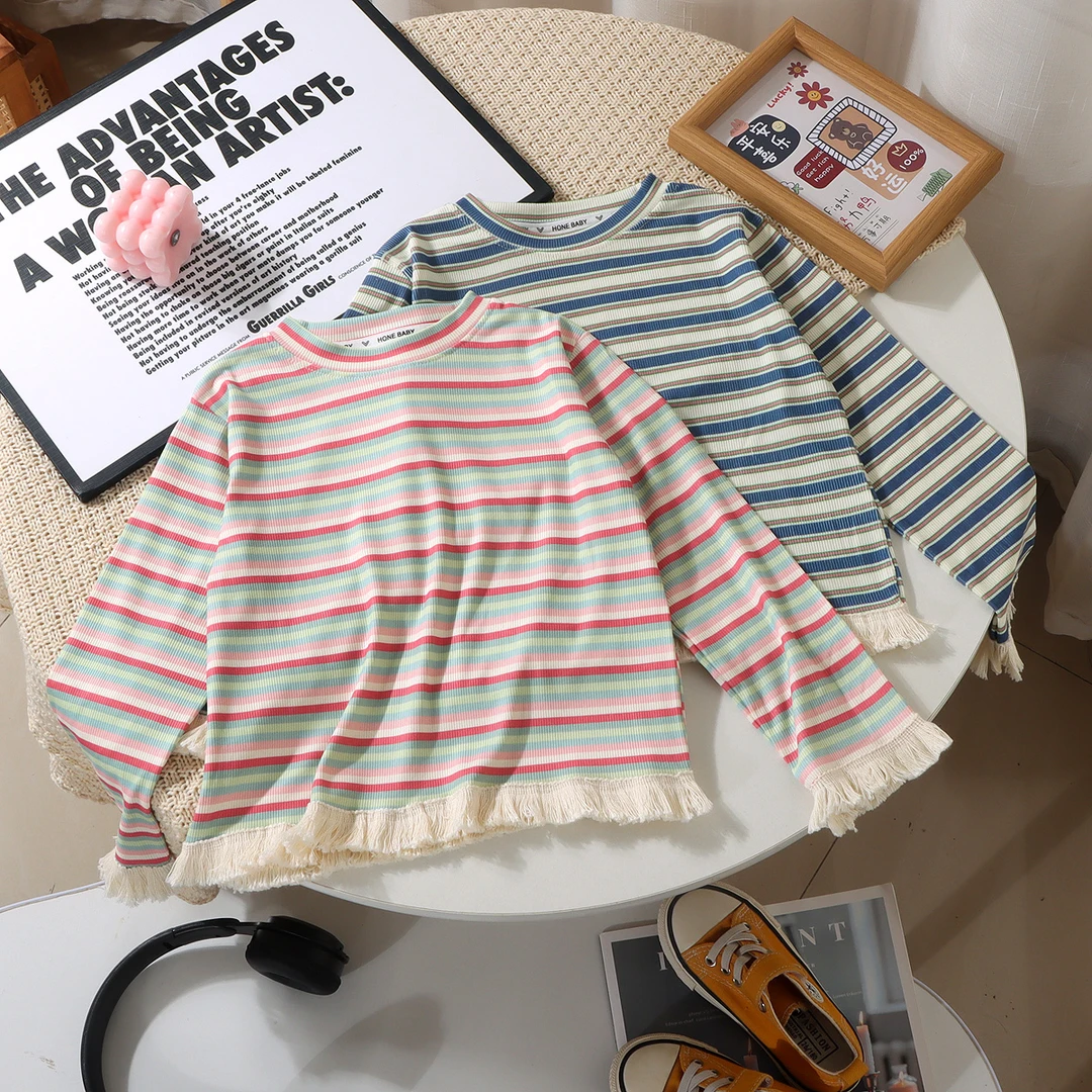 2025早春款女童条纹流苏内搭舒适洋气韩版时尚春秋长袖