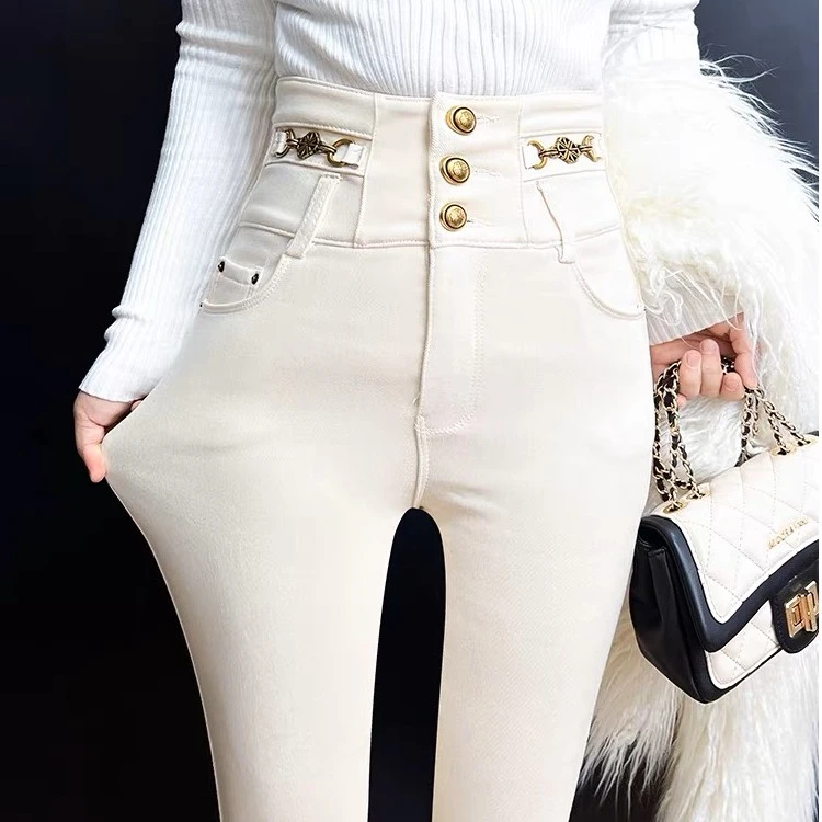 2024春秋冬新款韩版宽松新款高腰加绒牛仔外穿打底裤女米白色紧身