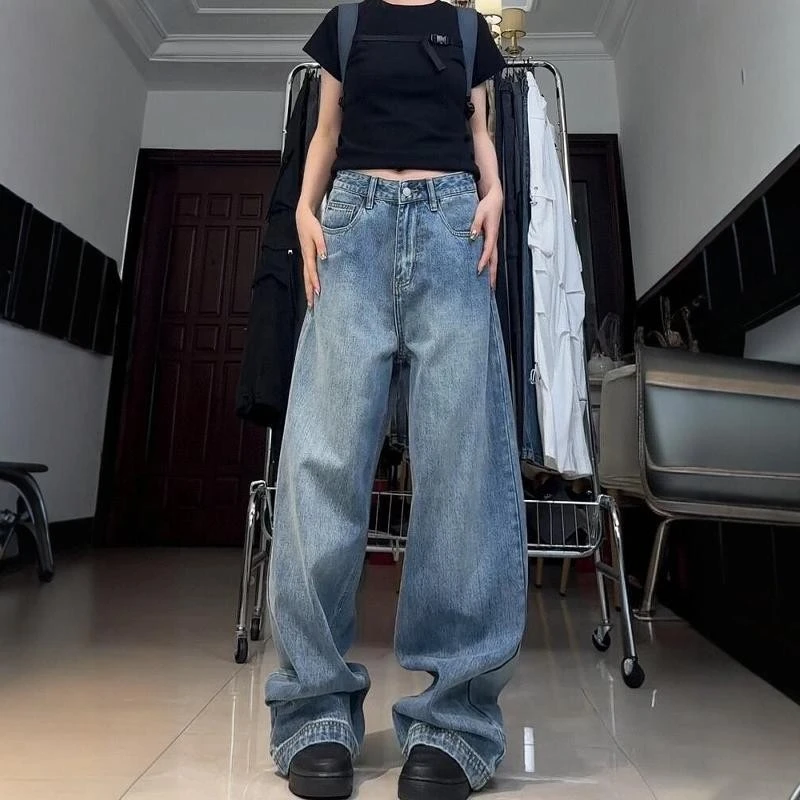 大码美式复古阔腿牛仔裤女胖妹妹mm百搭休闲宽松高腰直筒拖地长裤