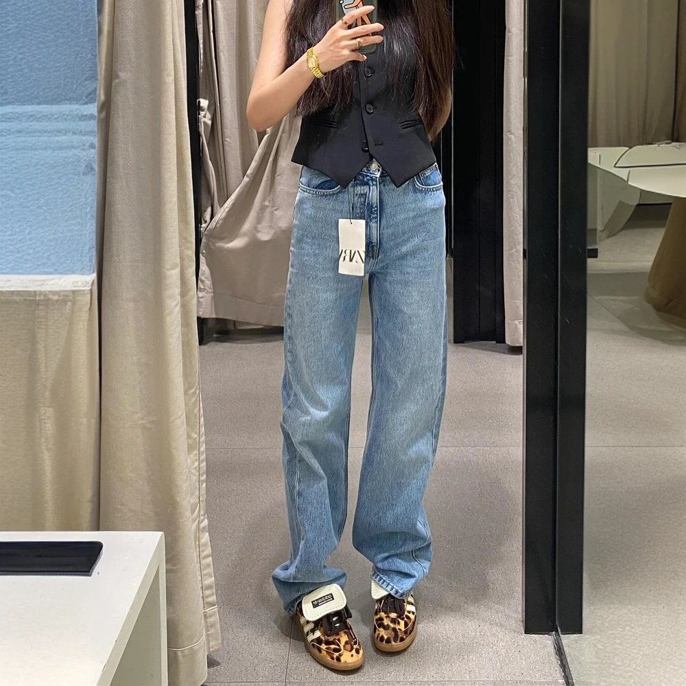 大码美式复古浅色宽松直筒牛仔裤女高腰休闲气质百搭显瘦拖地裤子