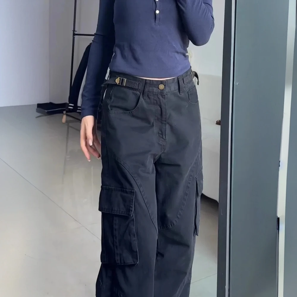 大码美式高街黑色牛仔裤女秋冬新款设计感宽松显瘦高腰直筒工装裤