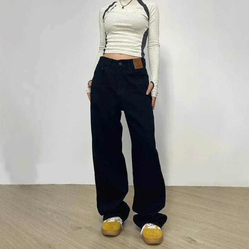 大码美式高街黑色直筒垂感牛仔裤女秋季高腰宽松休闲显瘦阔腿长裤