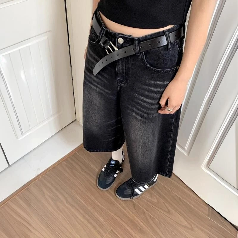 大码高腰阔腿七分牛仔短裤女夏季新款黑色水洗宽松休闲显瘦直筒裤