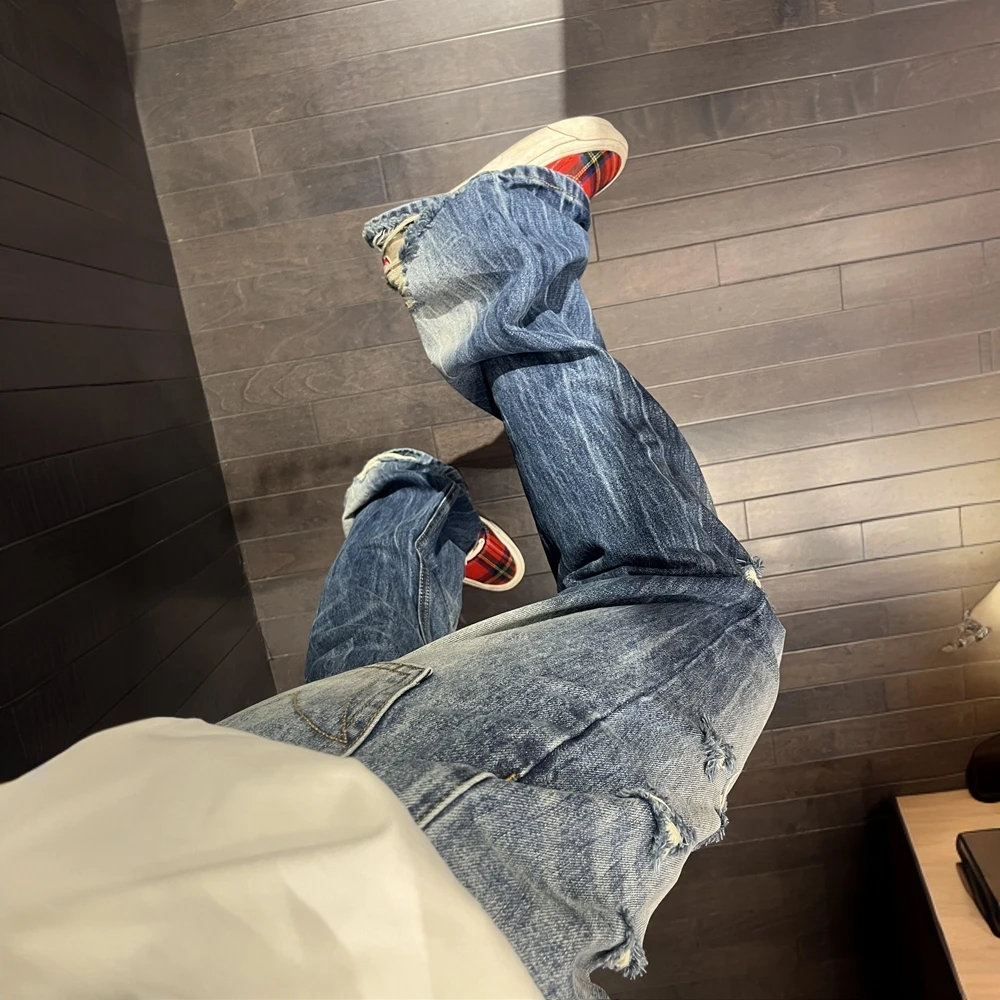 大码美式高街水洗复古破洞牛仔裤女秋季休闲宽松显瘦高腰直筒长裤