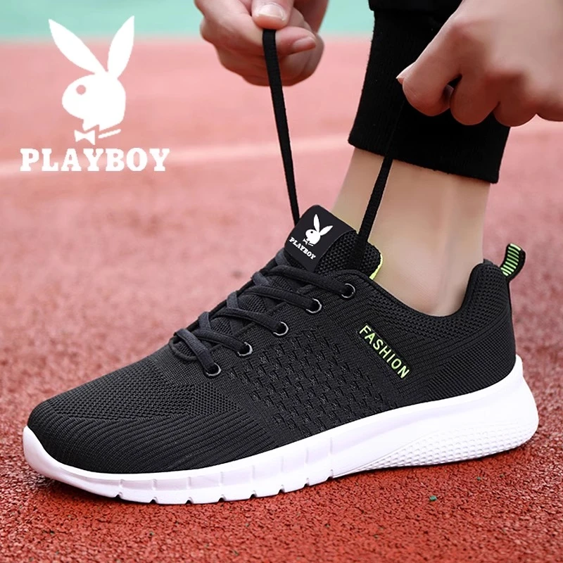 花花公子时尚潮流男鞋冬季防臭飞织黑色网鞋网面休闲运动跑步潮鞋