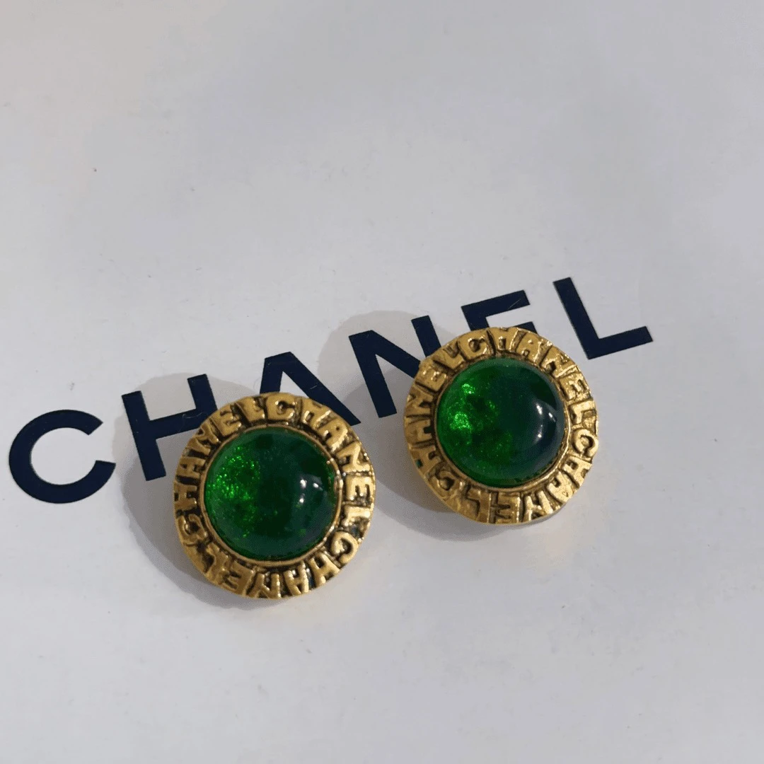 95新 Chanel/香奈儿 Chanel vintage香奈儿中古字母绿琉璃耳夹