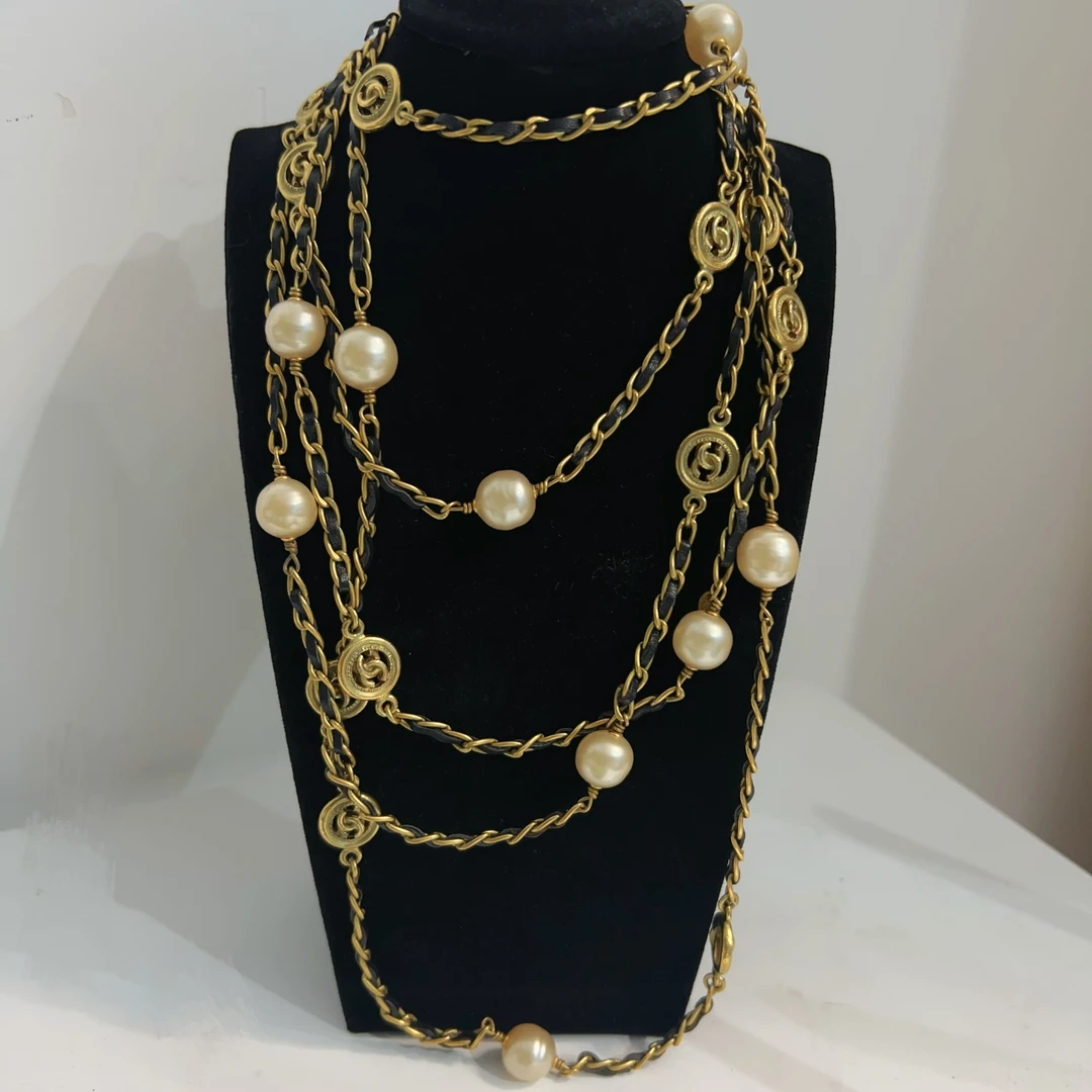 95新 Chanel/香奈儿 Chanel vintage香奈儿中古皮穿珍珠项链