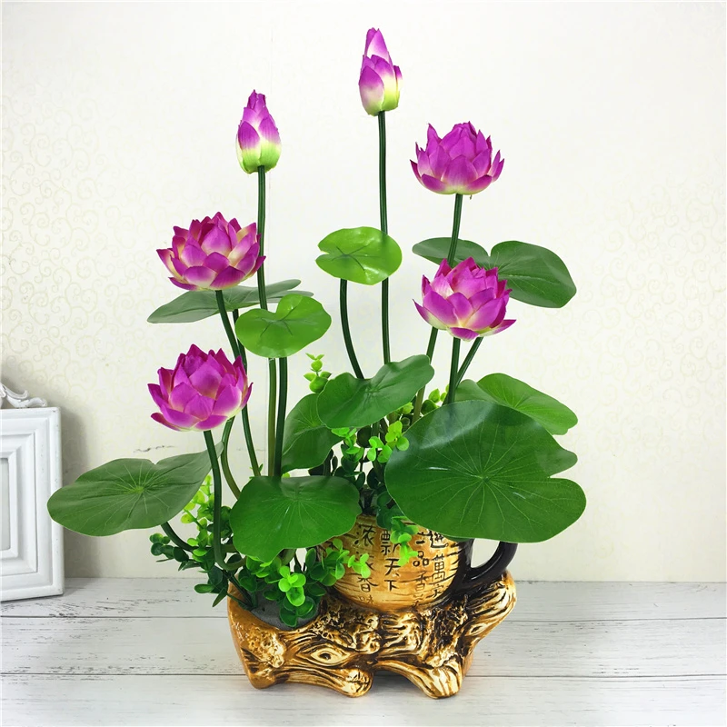 一盆包邮仿真荷花莲花小套装 塑料假花小盆栽家居装饰摆件