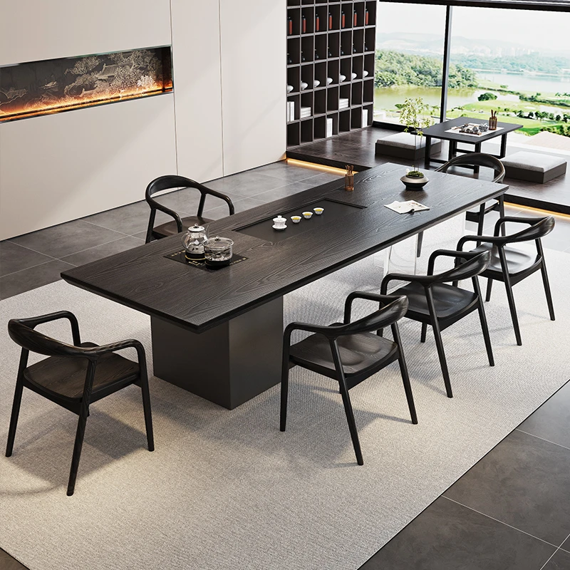 实木茶桌椅组合家用茶台实木办公禅意泡茶几榆木内嵌亚克力茶桌椅