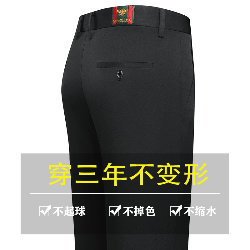 不起球薄款蜜蜂刺绣商务男士聚酯纤维直筒休闲裤高腰抗皱免烫长裤