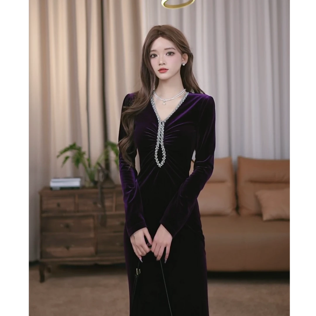 【鑫鑫】紫气东来 法式名媛秋冬新款显瘦复古v领鱼尾连衣裙-SW0478