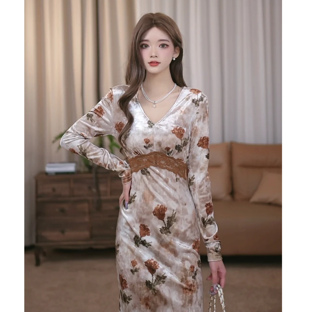 【鑫鑫】霜尽晚秋 秋冬新款法式收腰显瘦气质鱼尾连衣裙-SW0457