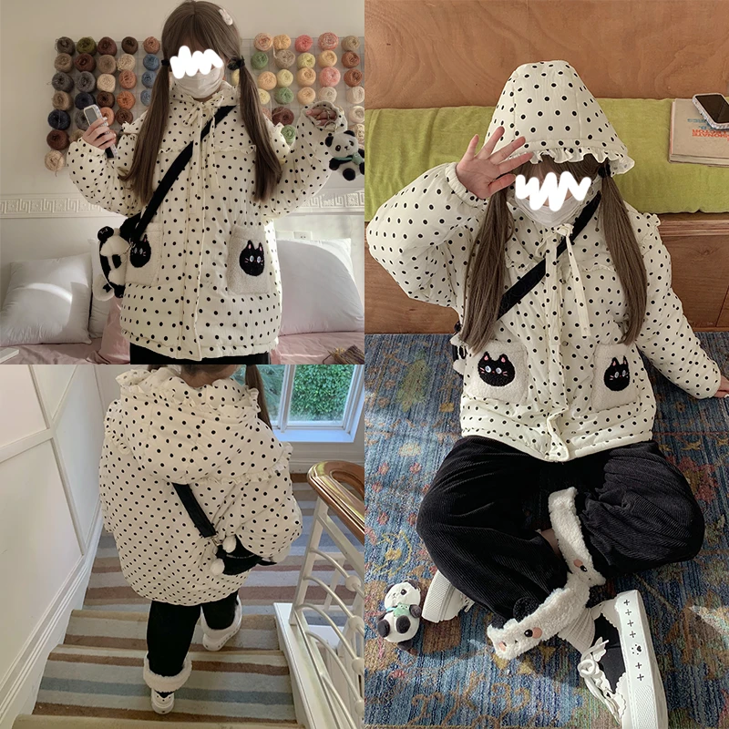 【小猫棉服】原创设计可爱猫咪刺绣口袋棉衣外套宽松花边日系连帽