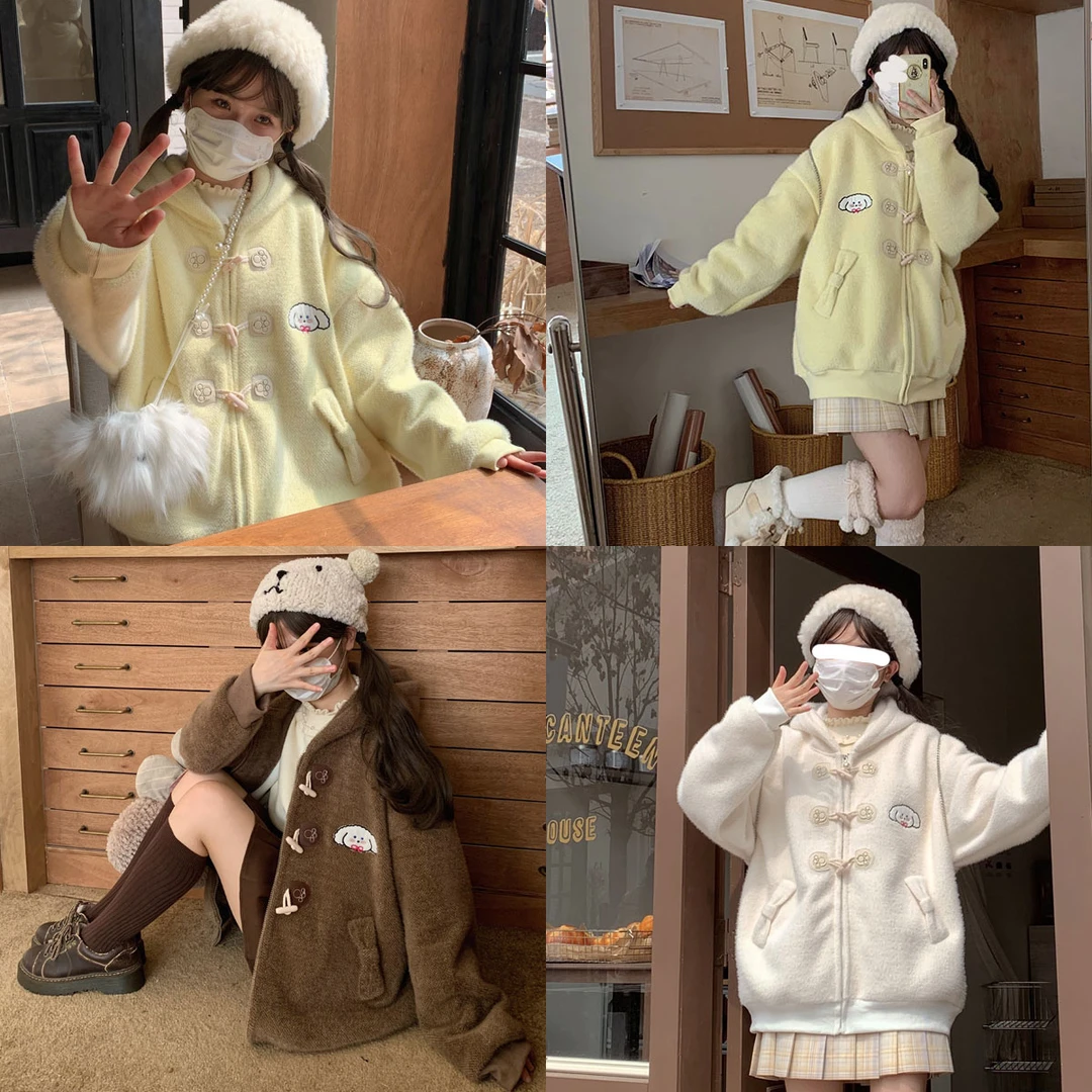 快乐修狗 原创设计冬季牛角扣蝴蝶结保暖连帽外套宽松女学生