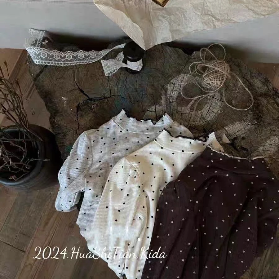女童打底衫高弹木耳边波点2024秋季韩版文艺风森系中领长袖T恤