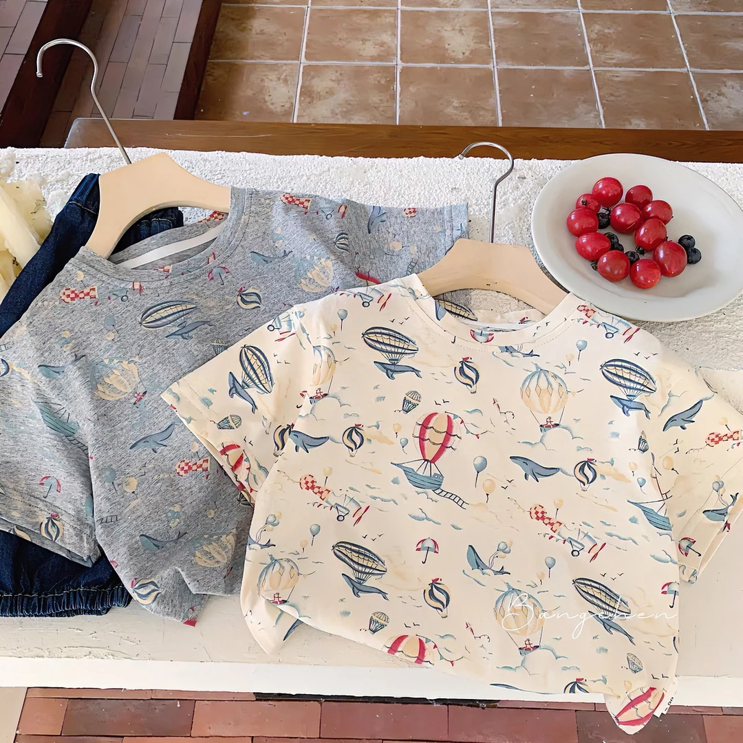 夏日清凉~韩版夏季纯棉短袖T恤男女宝宝卡通满印花休闲父亲节夏款