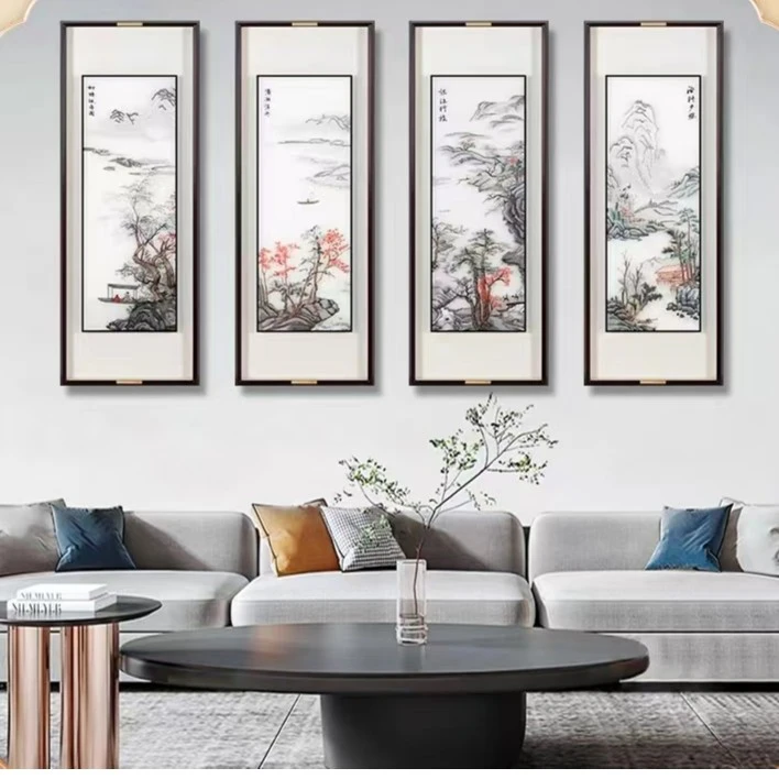 梨花海棠苏绣刺绣框中框四扇屏装饰画梅兰竹菊四条屏春夏秋冬山水