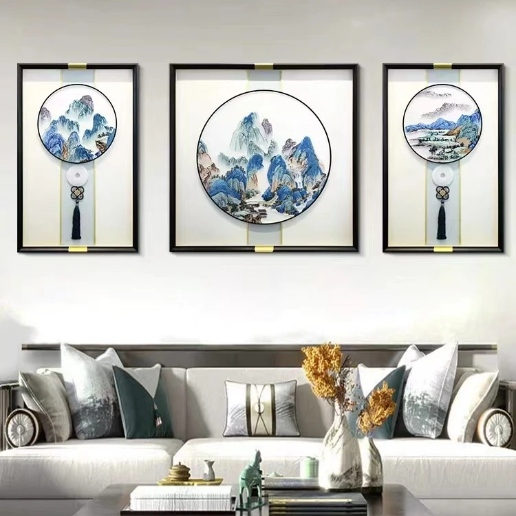 梨花海棠苏绣客厅沙发背景墙装饰画简约现代挂画玉扣系列三联画