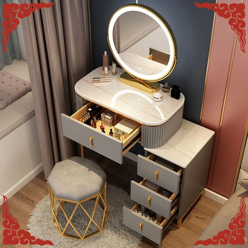 新款简约风窄边岩板梳妆台卧室收纳柜一体小户型多功能化妆台