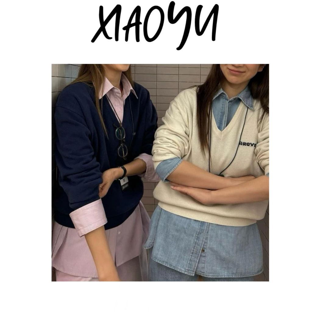 【V领针织衫】韩代GR**E宽松显瘦百搭V领字母刺绣羊毛衫套头针织衫