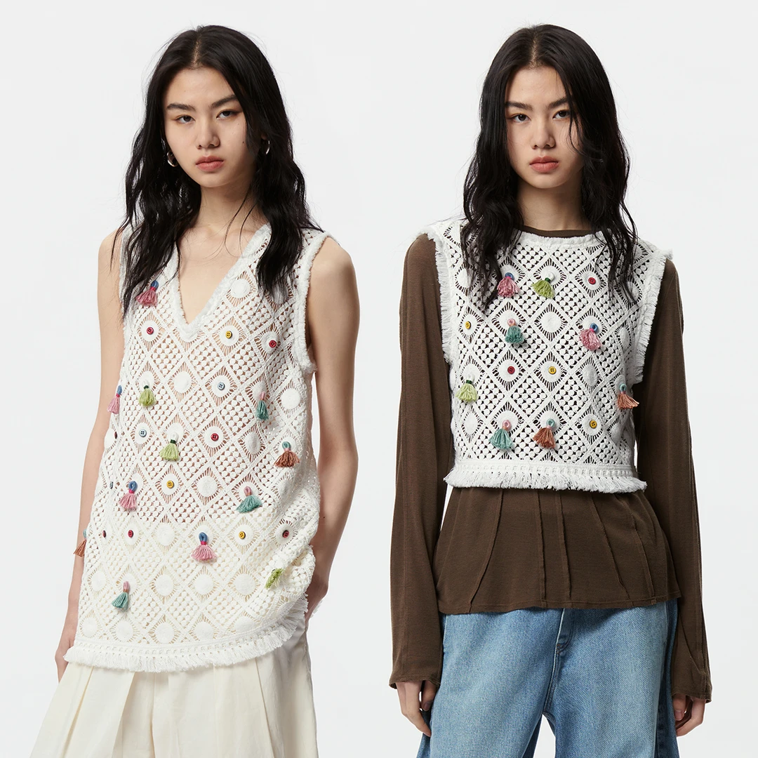 【sage studio】nound买手店留白美学纳瓦白几何排列镂空流苏短上衣