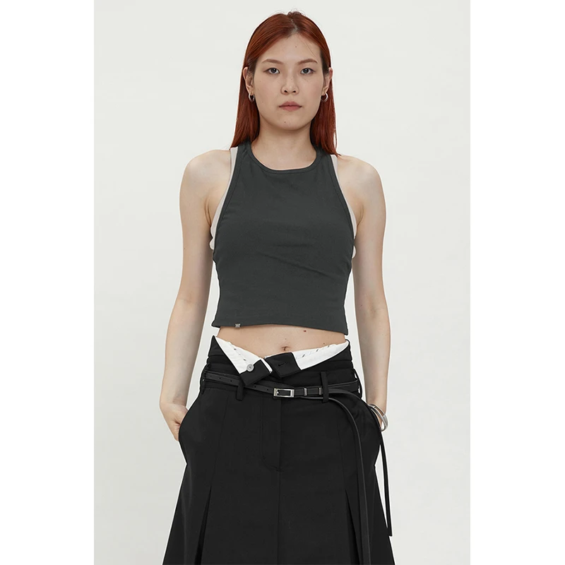 nound买手店C2H4假两件拼接撞色休闲短款无袖修身女背心打底夏季