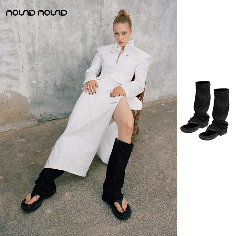 【1cothen】nound买手店黑色牛仔裤腿人字拖松糕底夹趾罗马凉靴女