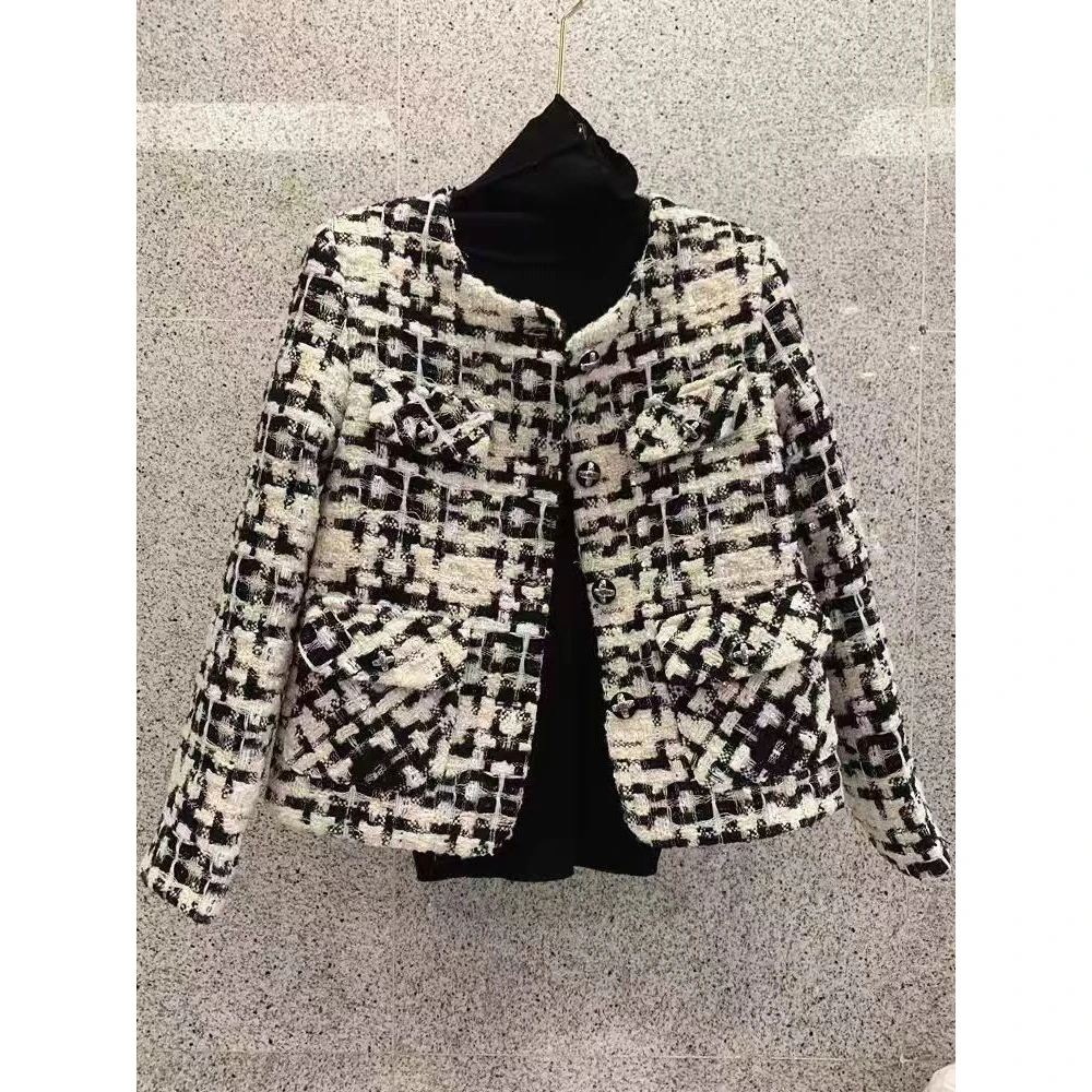 小香风加厚格纹2025新款外套秋冬款格子显瘦时尚气质粗花呢上衣女