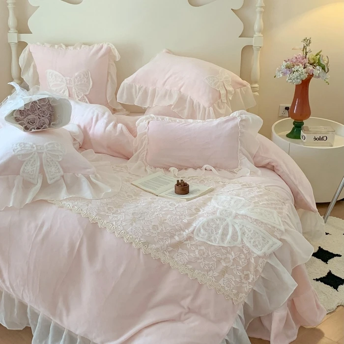 高订蝴蝶结少女心床盖牛奶绒套件韩版双层纱