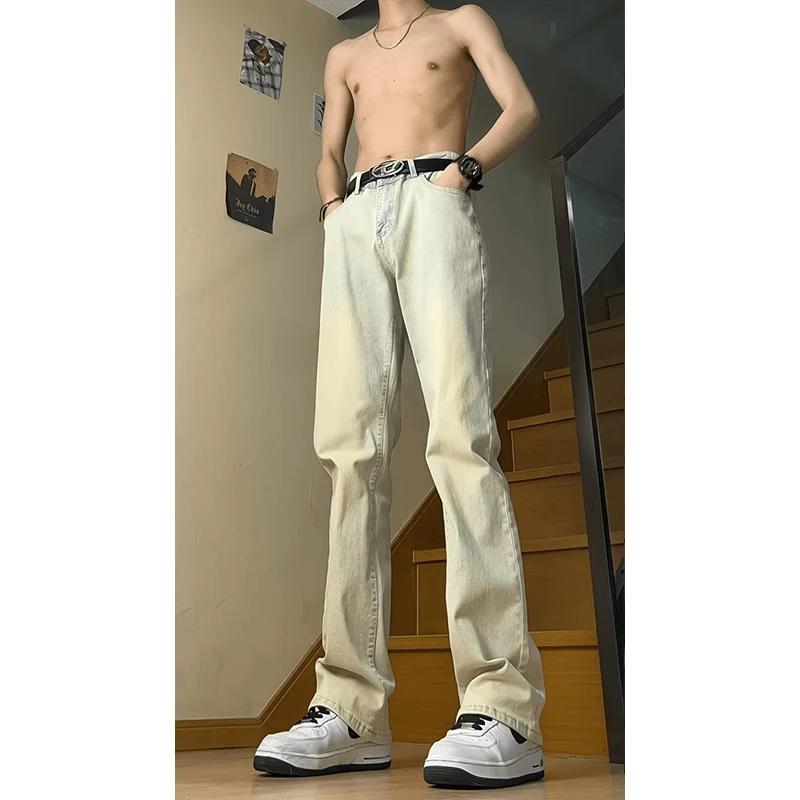 cleanfit黄泥色弯刀牛仔裤男款高腰显瘦高裤子美式vibe直筒微喇裤