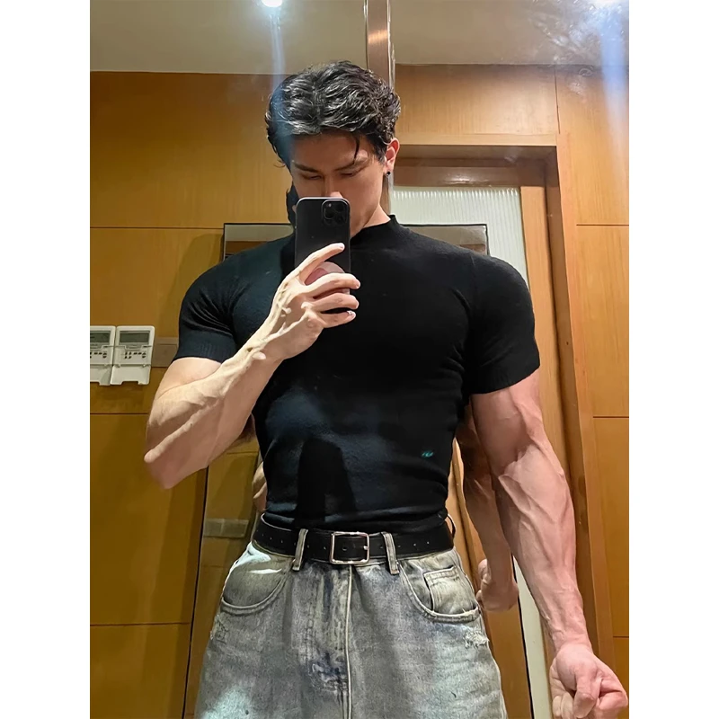 黑色320g重磅收腰紧袖口T恤男夏季显肌肉运动短袖硬汉穿搭三分袖