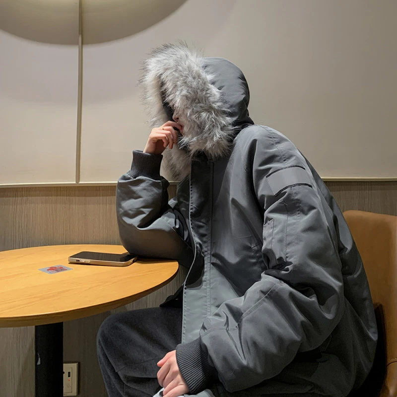 美式可拆毛领派克服男冬季加厚工装棉服外套短款连帽情侣棉衣袄子