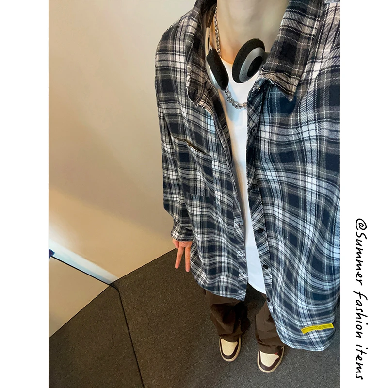 古着vintage藏青色格子衬衫男美式复古长袖防晒衣巴洛克衬衣外套