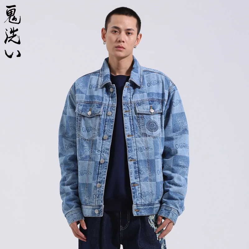 ONIARAI/鬼洗匠人绘摇粒绒牛仔外套男潮牌镭射复古印花 B340100