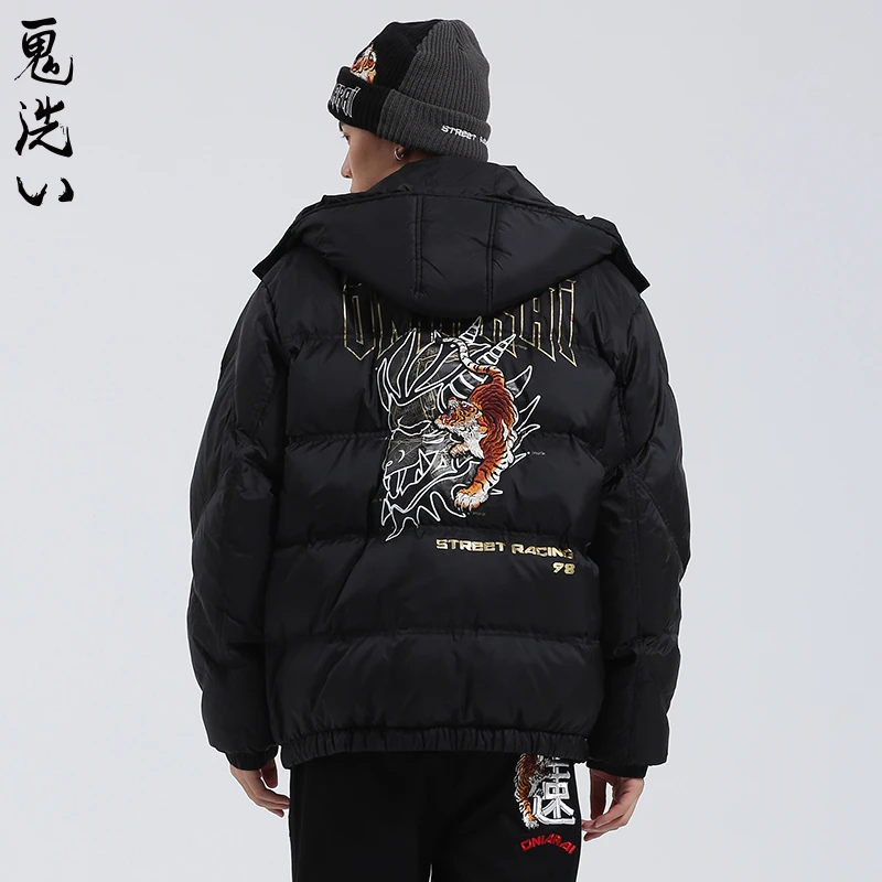 ONIARAI/鬼洗极速老虎印绣花宽松连帽休闲羽绒服男女同款B340088