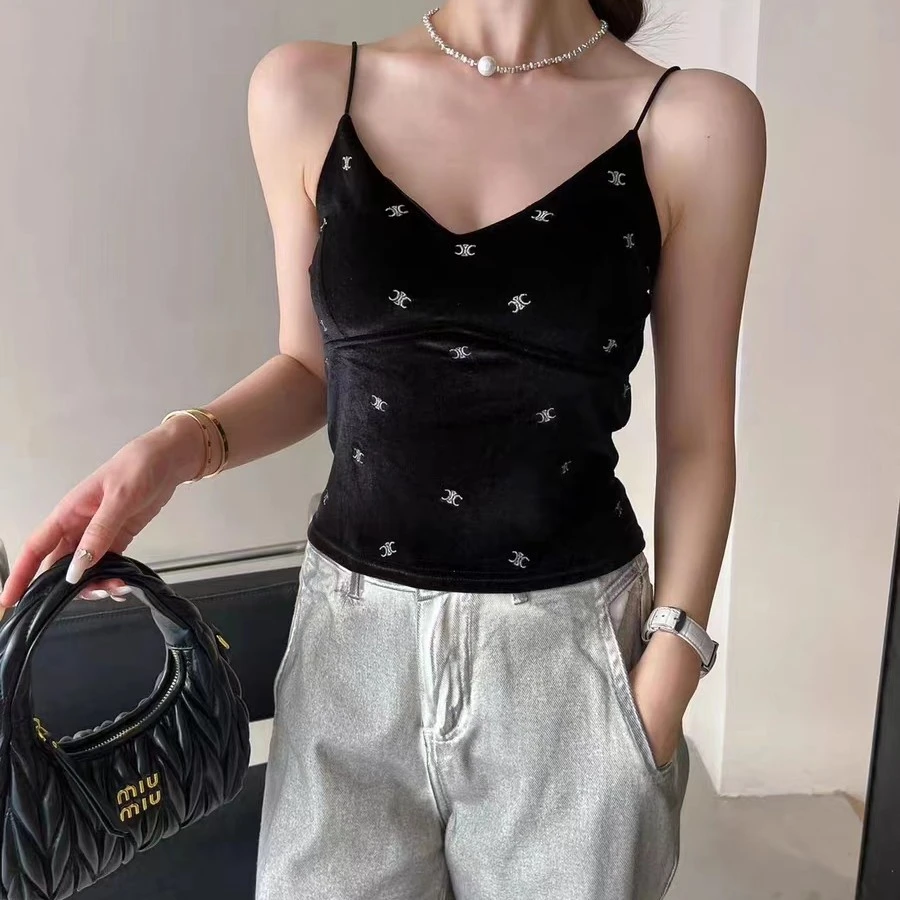 秋冬新款吊带背心女潮牌英伦风裹胸外穿背心v领性感丝绒打底上衣