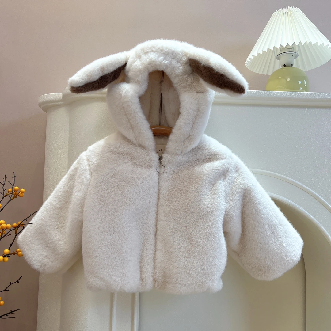 【小兔子】女童加绒外套2023秋冬新款长耳连帽毛毛外套（身高+10拍）
