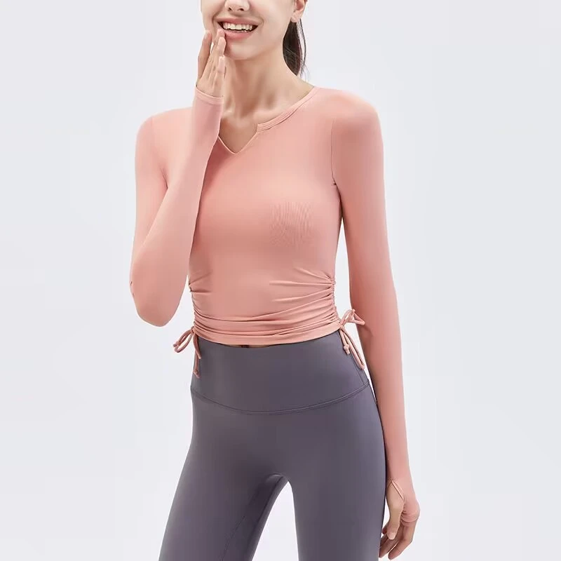 秋季新款健身上衣女V领裸感紧身显瘦瑜伽服跑步运动长袖