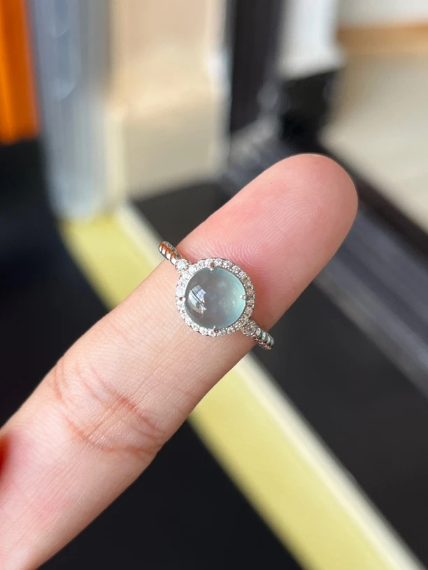 s925银镶冰晴底大颗粒蛋面卡8mm时尚简单大方款戒指