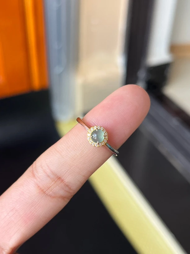 新店冲量s925银镶翡翠冰晴底蛋面卡4.3mm精致小巧款戒指