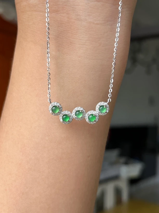 s925银镶翡翠5颗阳绿蛋面时尚个性款锁骨链