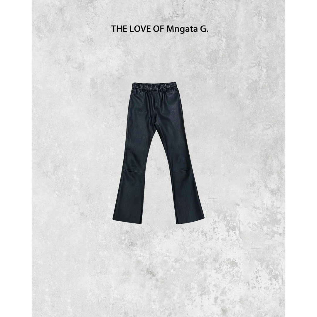 MNGATA G.【法4】2025松紧腰弹力小羊皮裤脚开叉九分烟管裤24111501