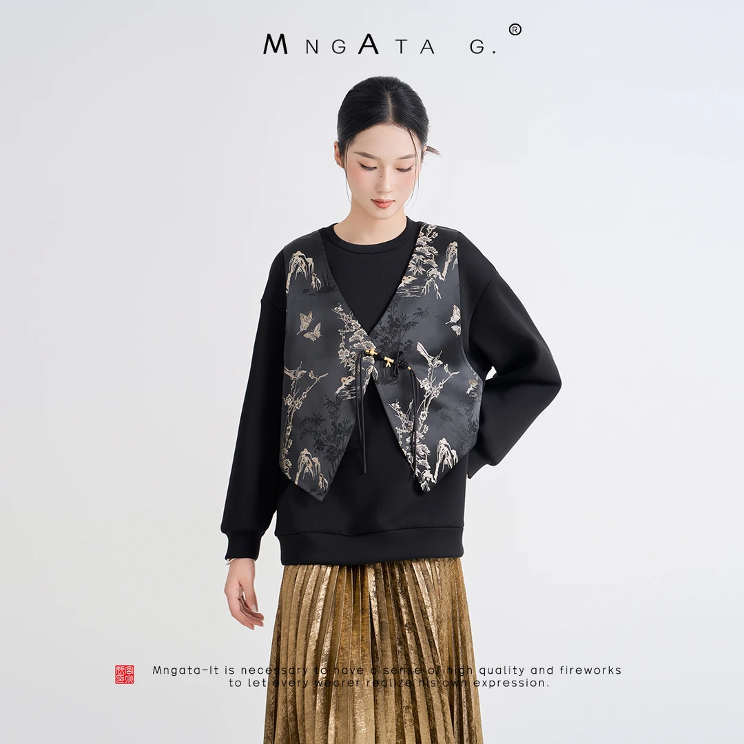 MNGATA G.宫小妍 【墨玉】早秋新中式黑色拼接假两件卫衣3091701